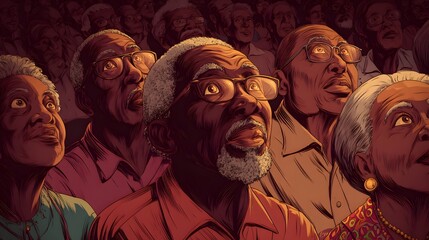 Vibrant Vector Illustration of Seniors Immersed in a Lifelong Learning Documentary Radiating Curiosity and Warmth