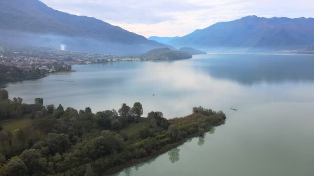 Aerial nature landscape near Colico village in Lake Como Italian Alps mountains in Lombardy