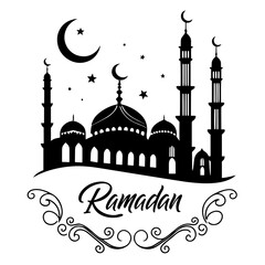 Ramadan Kareem Mosque Silhouette with Crescent Moon – Islamic Vector Greeting Design.
