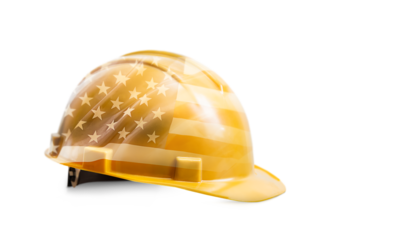 Construction worker hard hat with American flag overlay on white isolated background. labor day concept