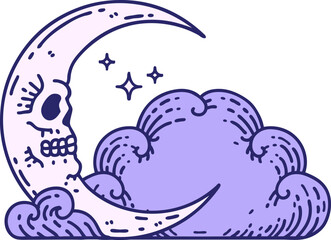 iconic tattoo style image of a skull crescent moon and clouds in bright neon color