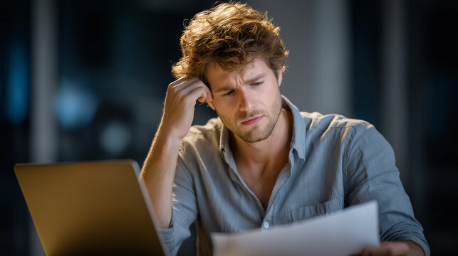 An irritated man struggles with notebook error in gentle light