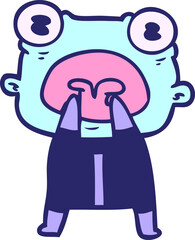 cartoon weird alien communicating in bright neon color