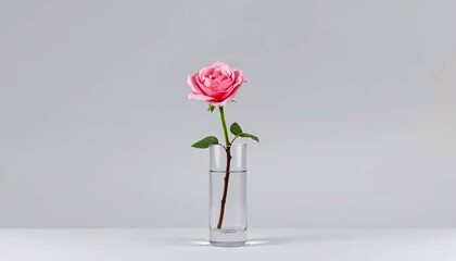 Single pink rose in a clear glass vase with water and green leaves