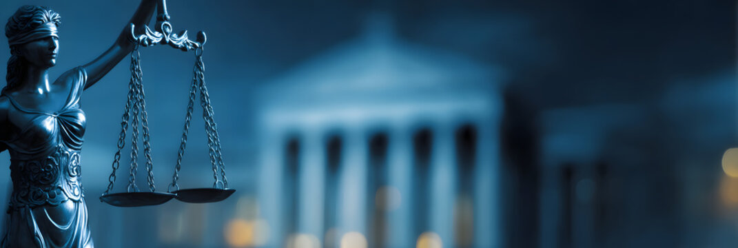 lawyer education law firm consultation and support help service abstract background, scales of justice and courthouse building banner with copy space