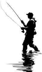 Silhouette of a fisherman casting line in water, black and white drawing
