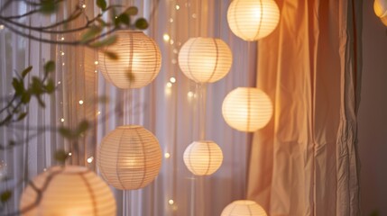 Fototapeta premium A cozy corner for quiet reflection adorned with soft neutral tones and delicate paper lanterns hanging from the ceiling.