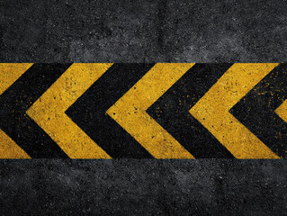 High-resolution, 3D rendered image of asphalt road with yellow striped arrows and warning markings Stripes are black and yellow, against a textured grey backdrop The image is - AI-Generated