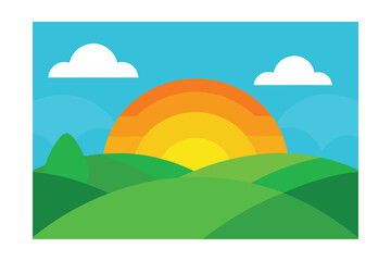 Obraz premium Abstract Cartoon Illustration Of Green Hills And Sunny Sky