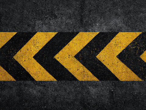 High-resolution, 3D rendered image of asphalt road with yellow striped arrows and warning markings Stripes are black and yellow, against a textured grey backdrop The image is - AI-Generated