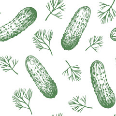 Pickles, cucumbers in a jar, seamless pattern, hand drawn sketch, realistic vector illustration