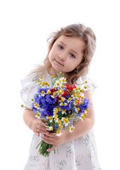 Cute little girl with bouquet of beautiful flowers on white background