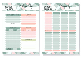 Colorful Budget Planners for Monthly and Weekly Tracking. Budget Layout Illustrations for Different Time Periods.