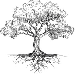 Detailed black and white sketch of a tree with visible roots and dense foliage