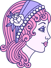 iconic tattoo style image of a gypsy head in bright neon color