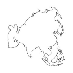 A clear silhouette of the Asian continent map is displayed. The outline captures the geographical features and shapes of surrounding regions, highlighting the diverse landscapes.
