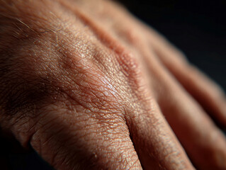 Naklejka premium Close-up of an older persons hand, high-resolution macro shot with fine details and soft shadows on a dark background, under cinematic lighting - AI-Generated