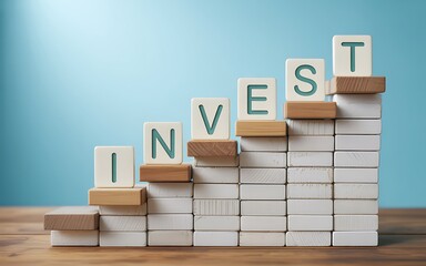 Wooden blocks spelling invest illustrate financial growth and success on a wooden surface against a light blue backdrop.
