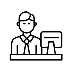 Office worker at desk vector icon illustration of employee using computer at workplace job on transparent background