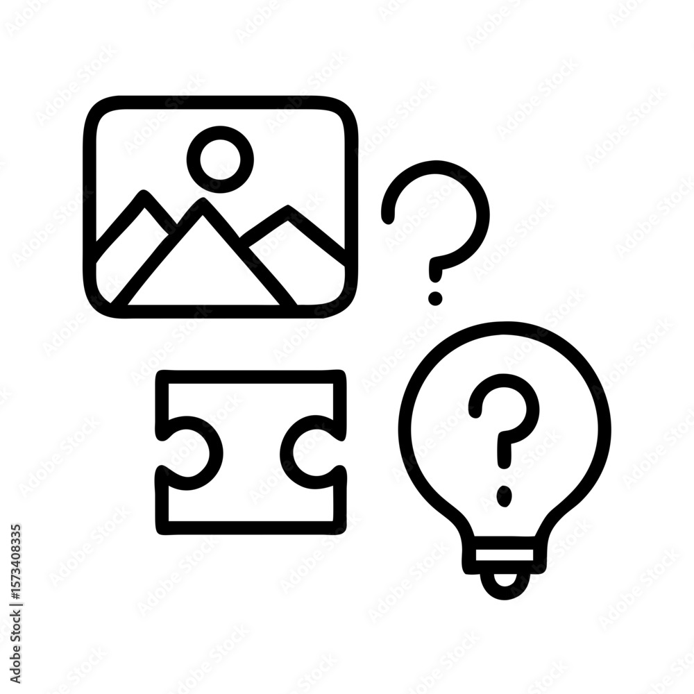 Poster problem solving skills icon representing puzzle, question mark, lightbulb and picture idea concept o