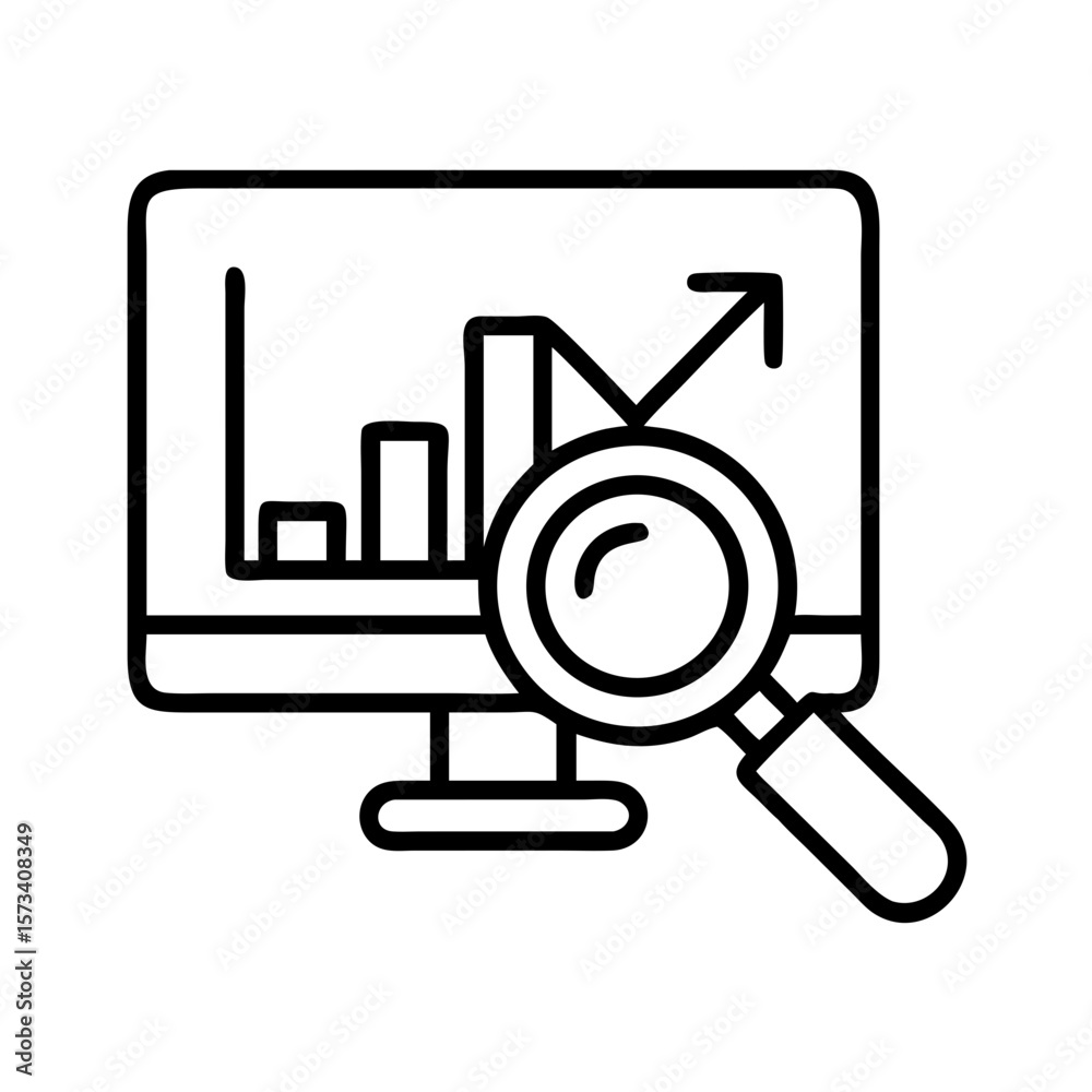Poster data analysis and growth chart on computer screen with magnifying glass icon vector on transparent b