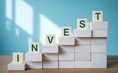 Investment growth represented by blocks spelling Invest, showcasing financial opportunity and capital