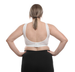 Weight loss. Plus size woman on white background, back view