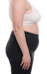 Fototapeta premium Weight loss. Plus size woman on white background, closeup