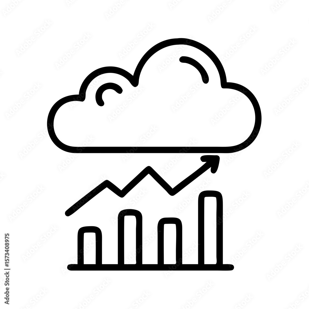 Poster cloud computing statistics chart with arrow showing growth and business analytics data on transparen