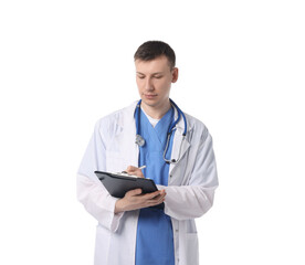 Medical student with clipboard on white background