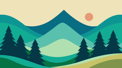 Fototapeta premium A serene vector illustration of a winter forest landscape with snow-covered pine trees under a clear sky, perfect for Christmas and holiday season designs