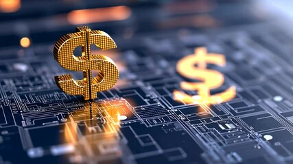 Golden dollar currency symbol on futuristic digital circuit board technology background with illuminated pathways representing global finance and electronic transactions - Powered by Adobe