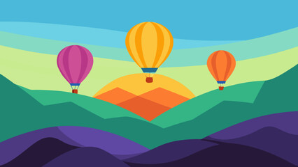 Fototapeta premium Colorful hot air balloons gracefully fly across a cloudy summer sky, illustrating adventure and travel