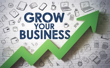 Ascending green arrow showcasing business growth with icons and the words Grow Your Business displayed.