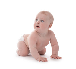 Cute little baby crawling on white background