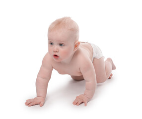Cute little baby crawling on white background