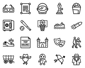 Vector icon set representing various movie genres in black silhouettes
