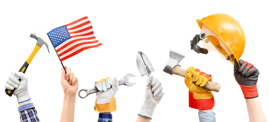 Naklejka premium six different hands with working tools and American flag on white isolated background. labor day concept
