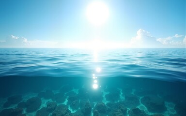 Fototapeta premium A breathtaking view of a clear ocean surface under a bright sky, with sunlight illuminating the visible sea floor, portraying tranquility and the vastness of nature. High quality