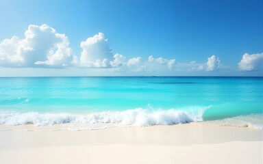 Fototapeta premium Beautiful sandy beach with white sand and rolling calm wave of turquoise ocean on Sunny day on background white clouds in blue sky. Island in Maldives, colorful perfect panoramic natural landscape.