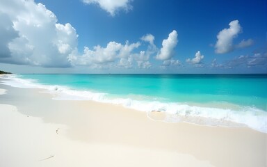 Beautiful sandy beach with white sand and rolling calm wave of turquoise ocean on Sunny day on background white clouds in blue sky. Island in Maldives, colorful perfect panoramic natural landscape.