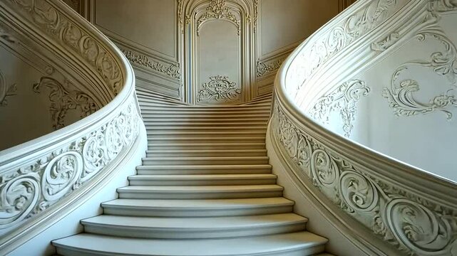 Ornate Staircase Curved, white staircase, decorative walls, rococo style