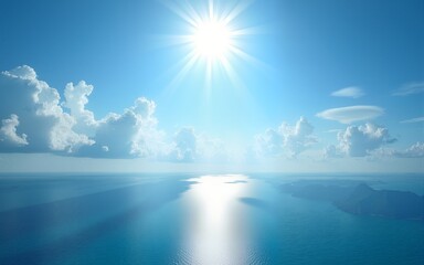 Obraz premium A panoramic scene of blue sky and the ocean with sunbeam shine above. High quality