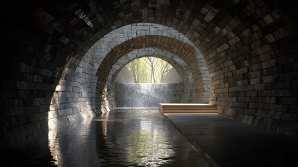 Obraz premium Artistic Vision of a Robust Stone Water Tunnel Innovatively Harvesting and Redirecting Urban Rainwater into Serene Natural Water Bodies