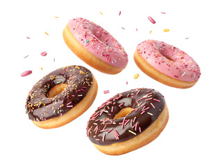 Delicious donuts with pink and chocolate glaze on transparent background