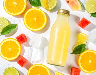 A bottle of yellow liquid, likely a juice, is surrounded by various fresh fruit pieces including orange slices, lime slices, and watermelon cubes, suggesting a fresh and healthy beverage.