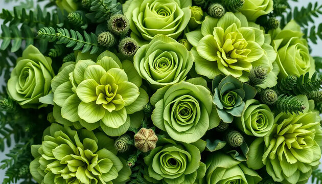 Beautiful arrangement of lush green roses and foliage with unique textured buds