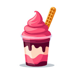 Delicious soft serve ice cream in a cup with pink and purple layers and a waffle stick