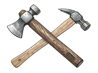 Crossed axe and hammer illustration on transparent background