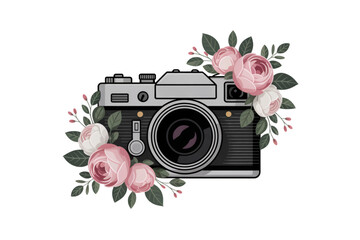 Floral Camera SVG, photography svg, camera with flowers svg – Vintage Photo Lens Vector with Blooming Floral Elements, Hand-Drawn Botanical Illustration for Artistic Hobby or Memory Design